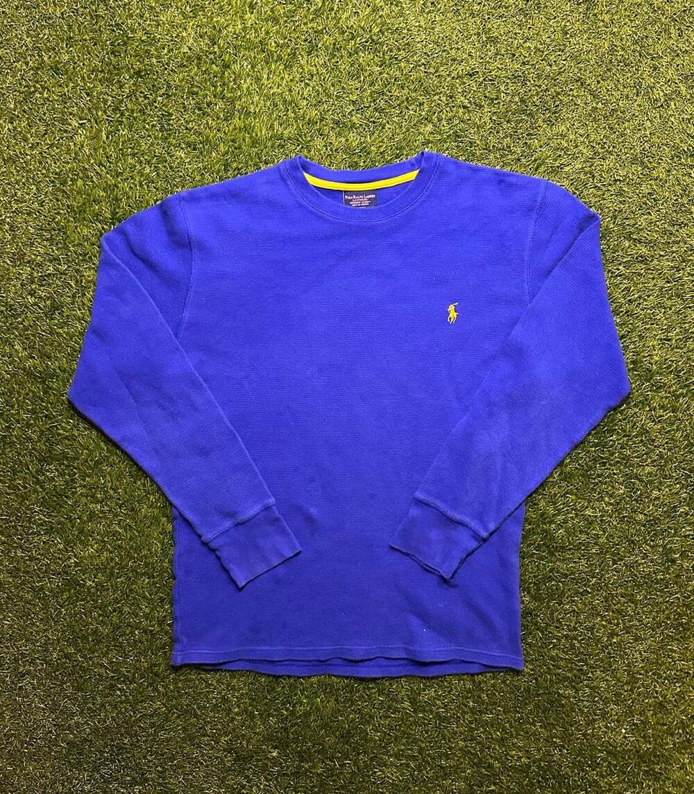 Y2K 2000s Polo Ralph Lauren Waffle Thermal Long Sleeve Shirt Blue Yellow